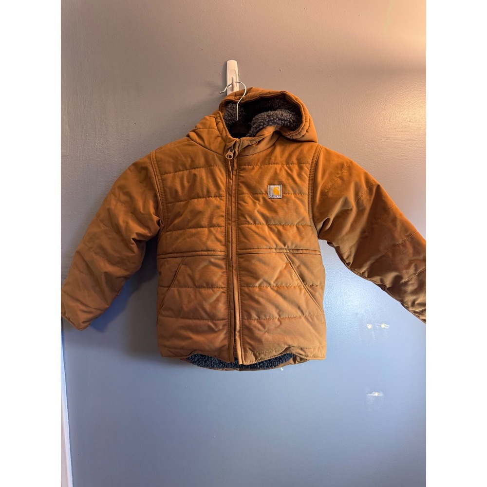 Carhartt Toddler Boys OJ5500 Sherpa Lined Hooded Puffer Jacket Brown 3T